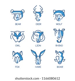Animal logo design set, emblems with head of bear, wolf, rhino, lion, leo, fox, owl, boar, hare vector Illustrations on a white background