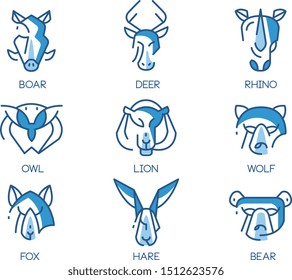 Animal logo design set, emblems with head of bear, wolf, rhino, lion, leo, fox, owl, boar, hare vector Illustrations on a white background