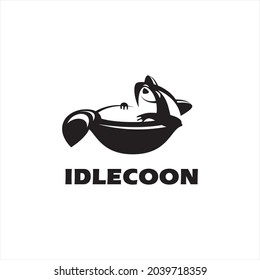 Animal logo with a happy raccoon lying on a plate on a black - and-white background of illustration