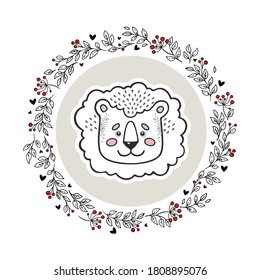 Animal logo isolated on white background. Hand drawn lion in circle doodle vector frame. Vintage style. Perfect for nursery, kids apparel, greeting, invitation, and wish cards. Baby shower theme.
