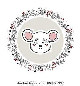 Animal logo isolated on white background. Hand drawn mouse in circle doodle vector frame. Vintage style. Perfect for nursery, kids apparel, greeting, invitation, and wish cards. Baby shower theme.