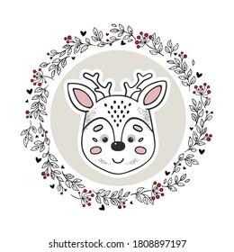 Animal logo isolated on white background. Hand drawn deer in circle doodle vector frame. Vintage style. Perfect for nursery, kids apparel, greeting, invitation, and wish cards. Baby shower theme.