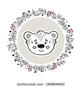 Animal logo isolated on white background. Hand drawn bear in circle doodle vector frame. Vintage style. Perfect for nursery, kids apparel, greeting, invitation, and wish cards. Baby shower theme.