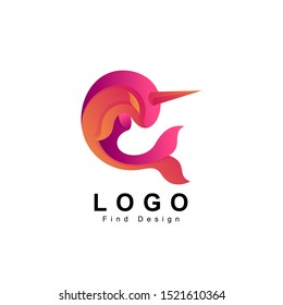 animal logo, leviathan whale fish with horn design template