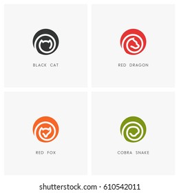Animal logo set. Black cat, red dragon, fox and cobra snake symbols - pet and wild predator icons.