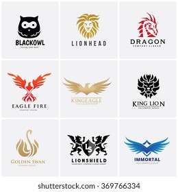 Animal logo set, lion, dragon ,eagle ,bird ,swan, Owl, Wing icons.