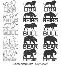 Animal logo set. Lion rhino rhinoceros bull bear elephant geometric lines silhouette isolated on white background vintage vector design element illustration set