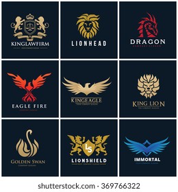 Animal logo set , Luxury brand identity, Lion, Law firm, Eagle, Swan and wing vector icons