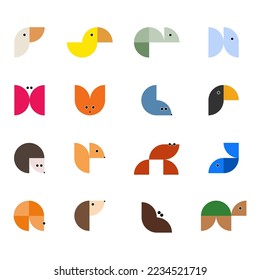 Animal logos in flat style. Set of colorful flat animals. Vector cartoon animals.