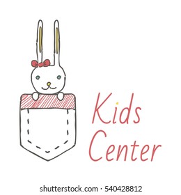 Animal logotype children's store concept. Illustration of little rabbitin the pocket.