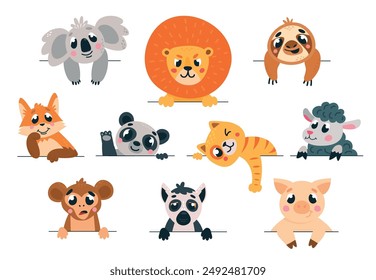 Animal mirando hacia fuera. Diferentes animales emocionales que miran y miran. Pegatinas infantiles con mascotas divertidas. Dibujos animados perezoso panda zorro koala, conjunto de Vector con clase