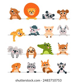 Animal looking out lines. Wild animals pets peeking out line. Childish cute banners or stickers. Cartoon lion koala sheep monkey, classy vector set