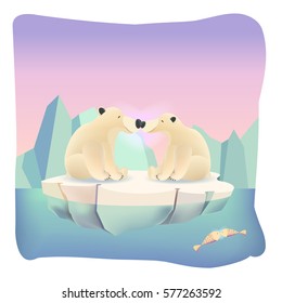 Animal love cartoon background with two amorous bears on iceberg and cute fishes in sea vector illustration