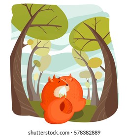 Animal love cartoon template with two cute red foxes in love in forest vector illustration