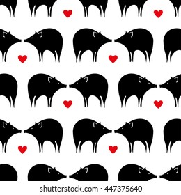 Animal in love pattern. Black and white seamless pattern with hand drawn funny pigs and red hearts in vector. Animal background