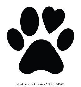 Animal love symbol paw print with heart, isolated vector