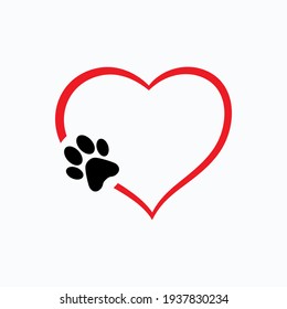 Animal love symbol paw print with heart, isolated vector