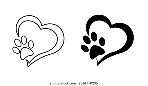 Animal love symbol paw print with heart. Heart and pet paw print dog cat icon. Isolated vector.