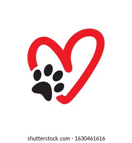 Animal love symbol, pet paw print with heart, isolated vector