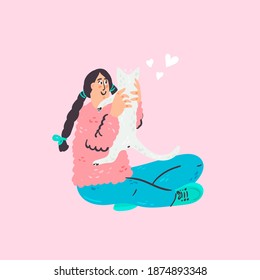 Animal lover hand drawn doodle banner design. Adoption and veterinary printing card. Cute girl playing with cat cartoon illustration. 