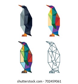 ANIMAL LOW POLY LOGO ICON. TRIANGLE GEOMETRIC PENGUIN POLYGONAL SET.