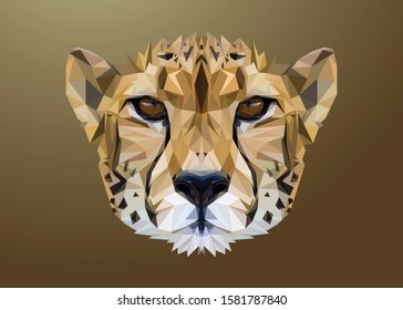 Animal low poly symmetrical vector head of a cheetah in high details. With brown color background. EPS 10. Ideal for illustration, wall decoration or t-shirts.