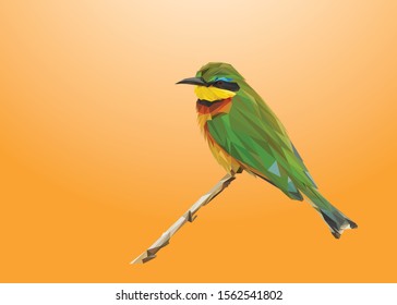 Animal low poly vector of a green bee-eater standing on a branch in high details. With orange color background. EPS 10. Ideal for poster and t-shirt.