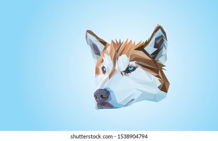 Animal Low poly vector head of a brown Siberian husky in high detail. Left view, with light blue background. Suitable for t-shirt, posters or wall decoration. EPS 10.