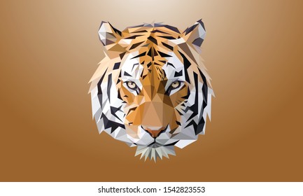 Animal low poly vector head of a Tiger in high detail. Front view. With brown background. EPS 10.