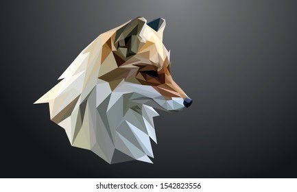Animal Low poly vector head of a Fox in high detail. Right view. With Dark background. EPS 10.