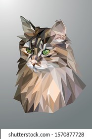 Animal low poly vector head of a cat in high details. With green color background. EPS 10. Ideal for poster and t-shirt.