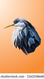 Animal low poly vector of a Pied-Heron in high details. With orange color background. EPS 10. Ideal for poster and t-shirt.