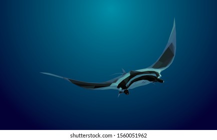 Animal low poly vector of a stingray in high details. With deep blue color background. EPS 10.