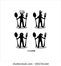 Animal man bring fork and spoon for eat. food lover logo icon vector. half of fauna head and human body. Unique original graphic. Luxury simple look.