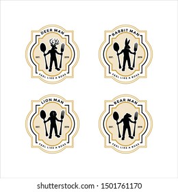 Animal man bring fork and spoon for eat. food lover logo icon vector. half of fauna head and human body. Unique original graphic. Luxury simple look.