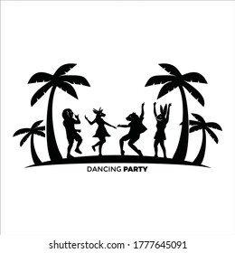 Animal Man Dancing In Summer Party Or Festival Design Illustration. Dancer Silhouette Of Half Zootopia Head And Human Body With Palm And Beach Sand Logo Vector. Enjoy Music, Standing And Jump For Fun