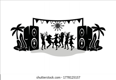 Animal man dancing in summer party or festival design illustration. Dancer silhouette of half zootopia head and human body with palm and beach sand logo vector. Enjoy music, standing and jump for fun