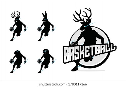 Animal man play basketball sport logo graphic illustration for league. Silhouette of dribbling skill pose icon, use team work to reach win match. Editable EPS vector file. Apply to uniform brand club