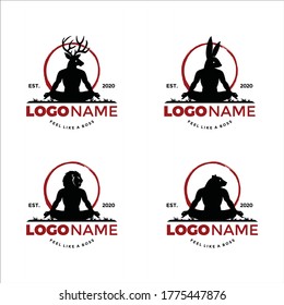 Animal man sit down pose of yoga medical healthy activities. Silhouette meditation of half zootopia of head and human body with zen circle logo icon, editable EPS vector. Simple calm. Unique art work
