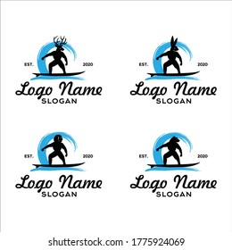 Animal man standing pose on a board surf for funny water activities. Silhouette of surfer half zootopia of head and human body with circle ocean wave, editable EPS vector. Simple calm. Unique art work
