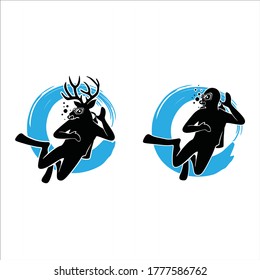 Animal man use safety scuba to dive to watch and explore under water ecosystem of sea. Snorkel silhouette of half zootopia head and human body with circle logo vector. Diving or snorkeling sport icon