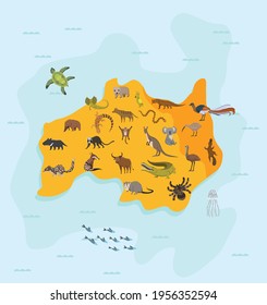 Animal map of australia. Nature fauna cartography concept . Geographical map with local fauna. Continent with mammals and sea life. Vector illustration in kids style