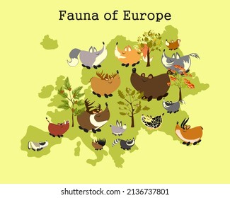 Animal map of Europe. Children's educational poster with animals of the middle zone of Eurasia. Fauna of Europe. Children's map.