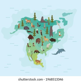 Animal map of north america. Nature fauna cartography concept. Geographical map with local fauna. Continent with mammals and sea life. Vector illustration in kids style