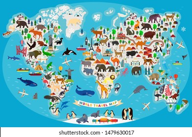 Animal Map of the World for Children and Kids. Vector Illustration.