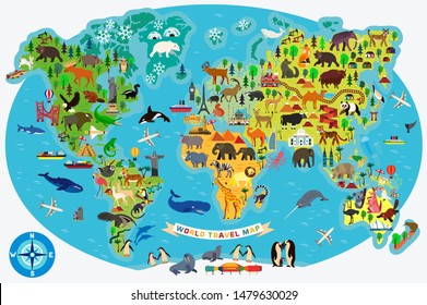 Animal Map of the World for Children and Kids. Vector Illustration.