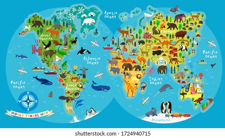 Animal Map of the World for Children and Kids. Vector Illustration.