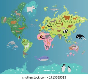 animal map of the world with for children and kids, vector flat illustration, cartoon poster