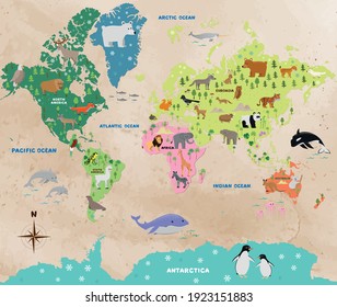 Animal Map Of The World With For Children And Kids, Vector Flat Illustration, Cartoon Poster, Old Paper