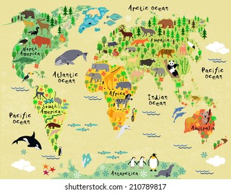 Animal map of the world for children and kids 